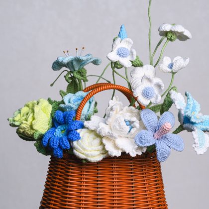 Hand-Crocheted Flower Basket in Blue – Tulip, Tung Blossom & Peony Yarn Arrangement