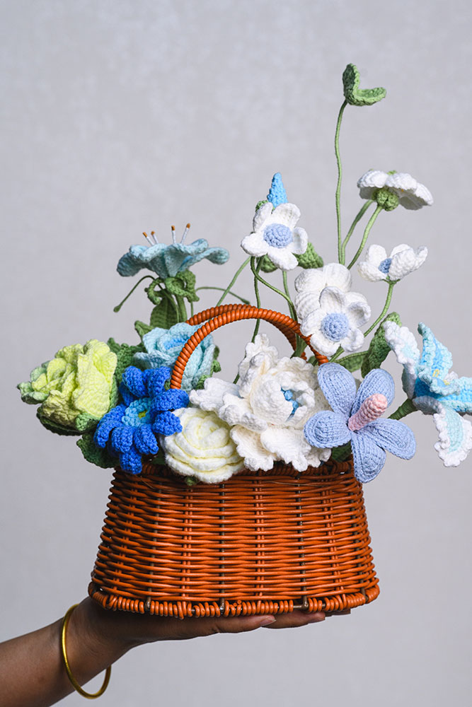 Hand-Crocheted Flower Basket in Blue – Tulip, Tung Blossom & Peony Yarn Arrangement