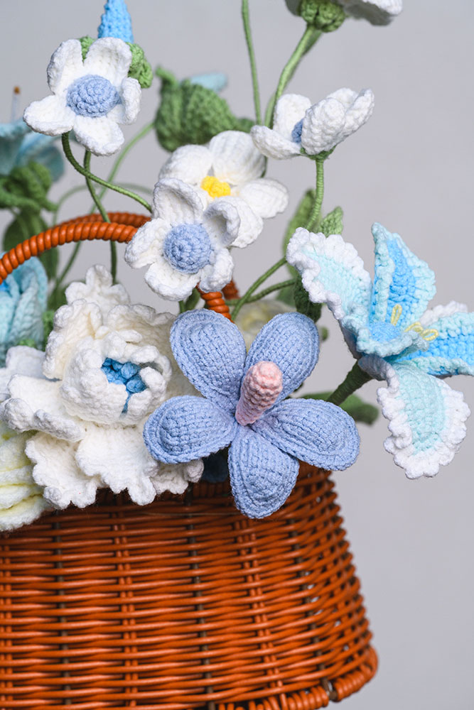 Hand-Crocheted Flower Basket in Blue – Tulip, Tung Blossom & Peony Yarn Arrangement - Image 2