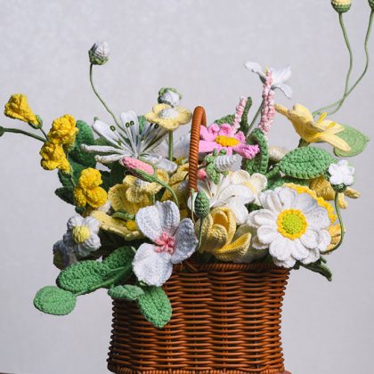 Hand-Crocheted Yellow Flower Basket – Cat-Ear Lily, Freesia & Lewisia Yarn Arrangement